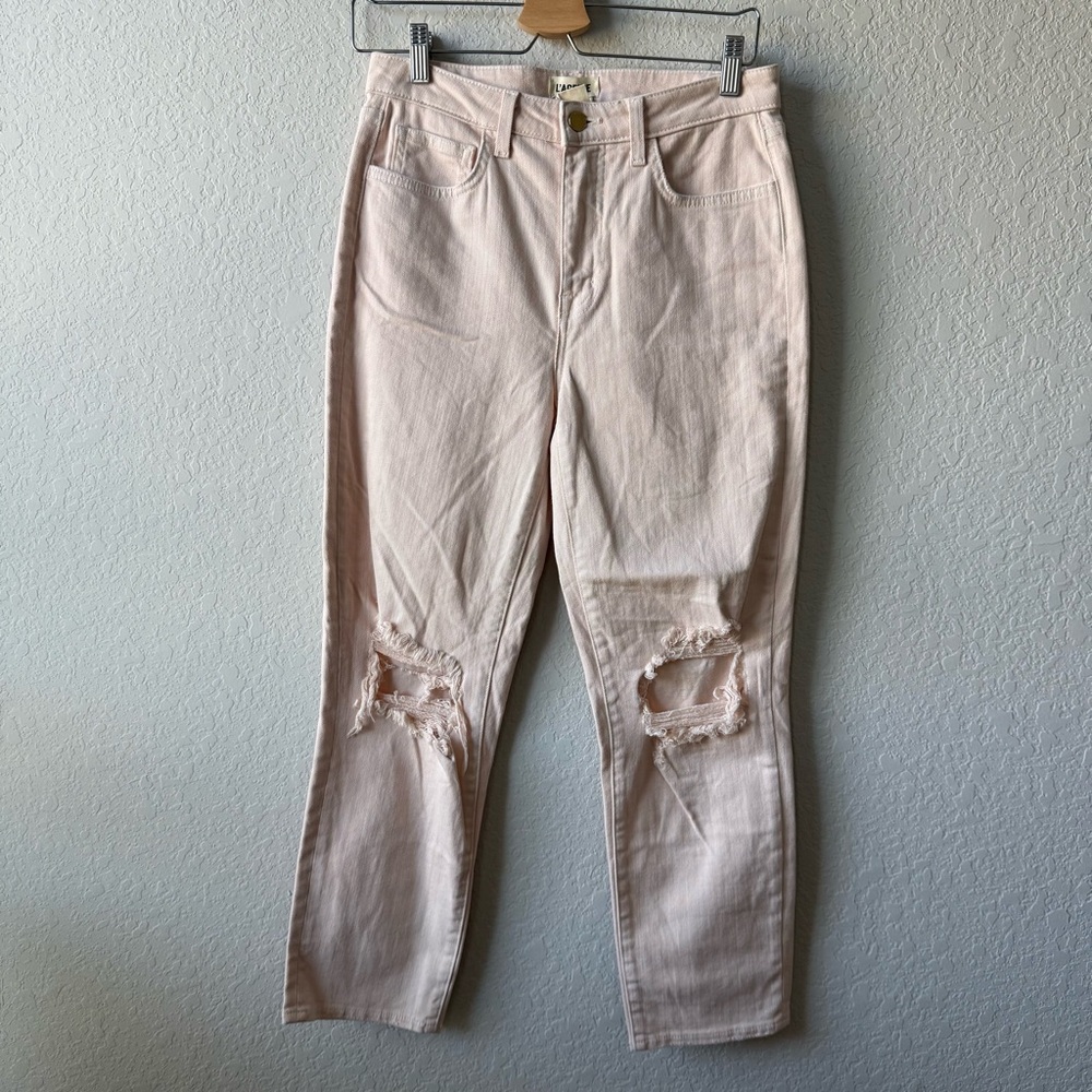 L'AGENCE high-rise, distressed, ankle-cropped jeans light pink‎
